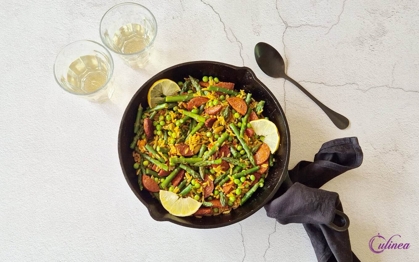 Paella met groene Asperges, Bonen en Doperwten