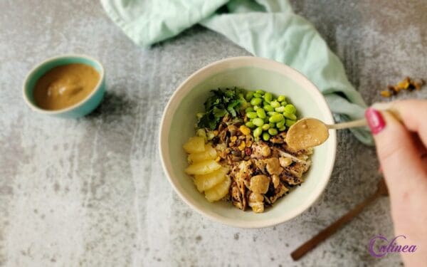 Quinoa met kip, ananas en pindasaus: