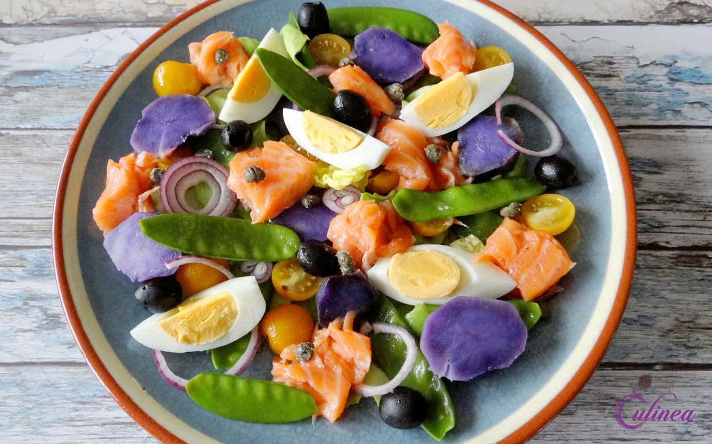 Niçoise salade met gekonfijte zalm en truffelaardappelen