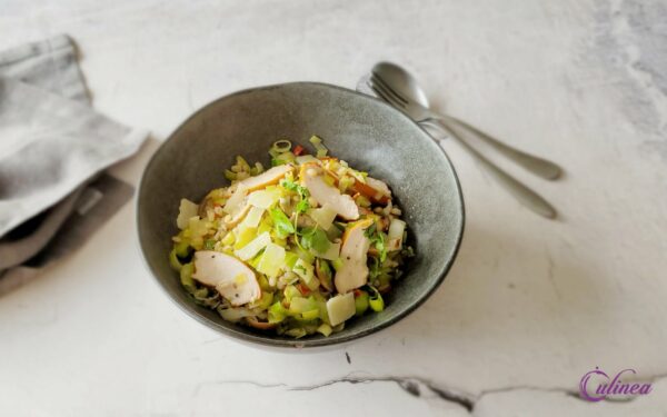 Tarwe met gerookte kip, prei en paddenstoelen