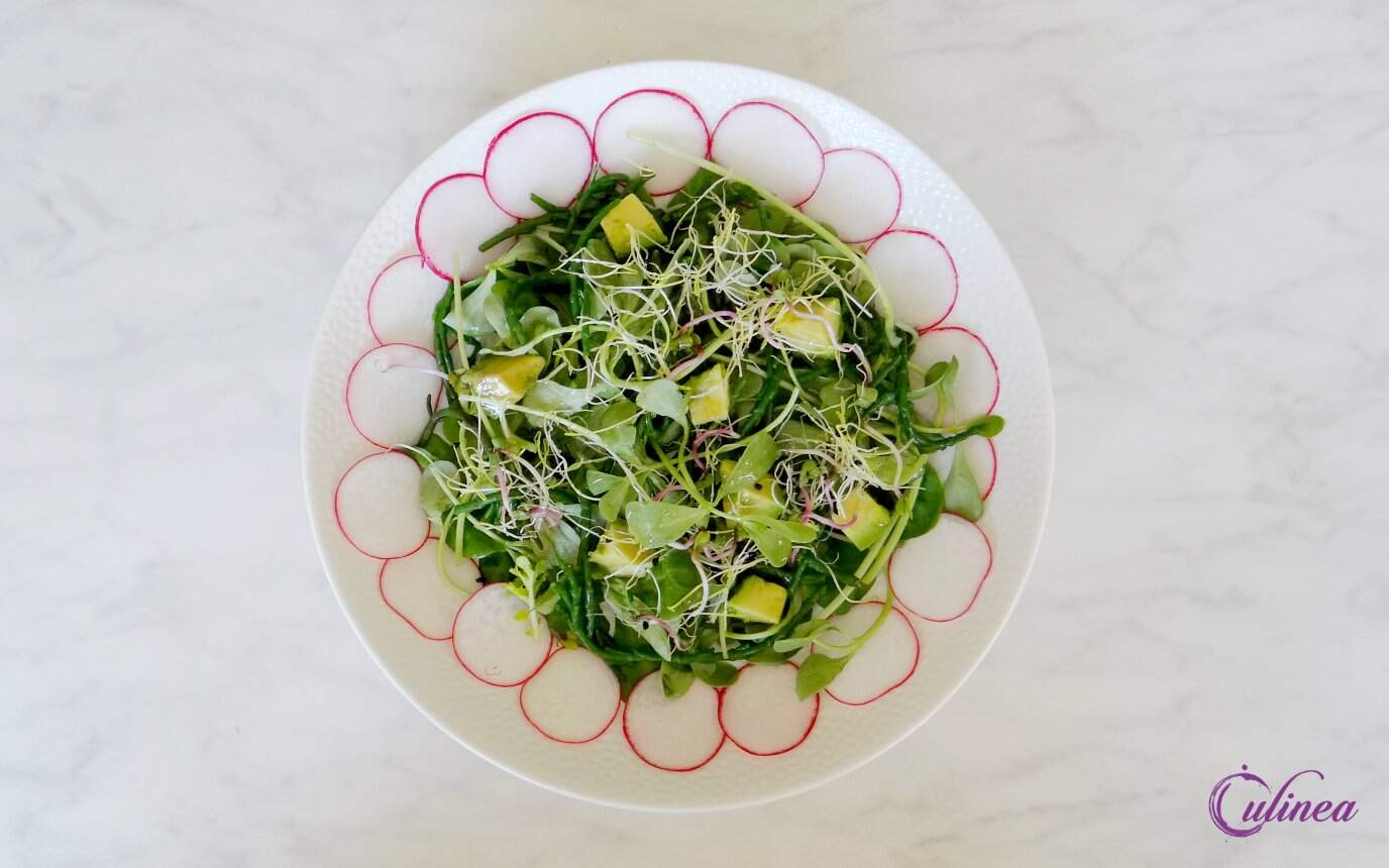 Salade van postelein, waterkers en radijsjes