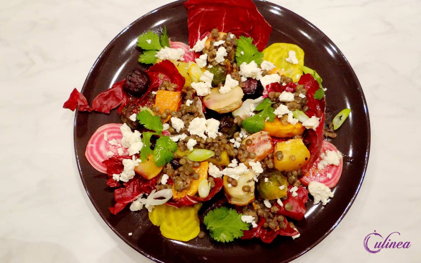 Salade met linzen en geroosterde groenten