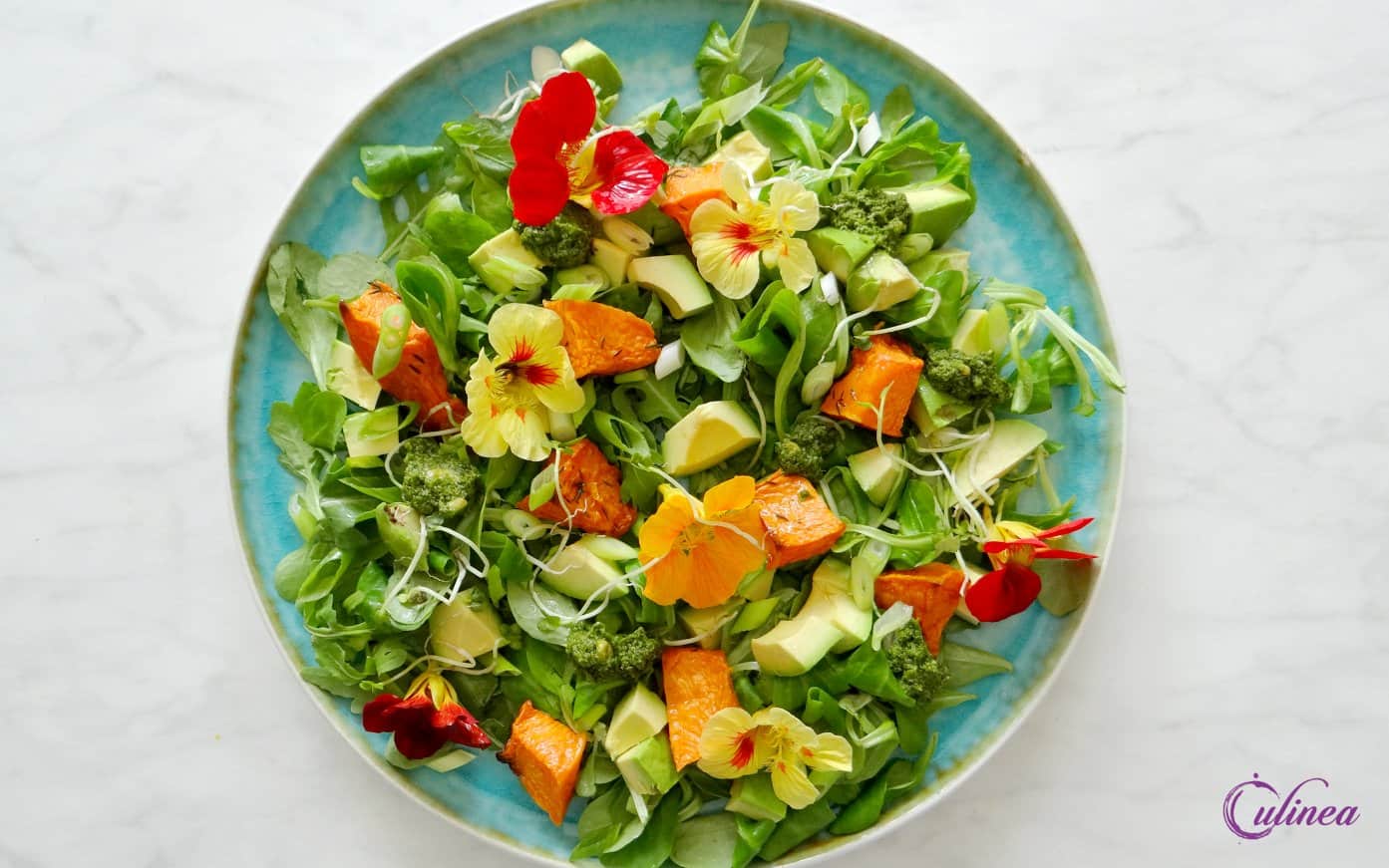 Salade met avocado en geroosterde pompoen