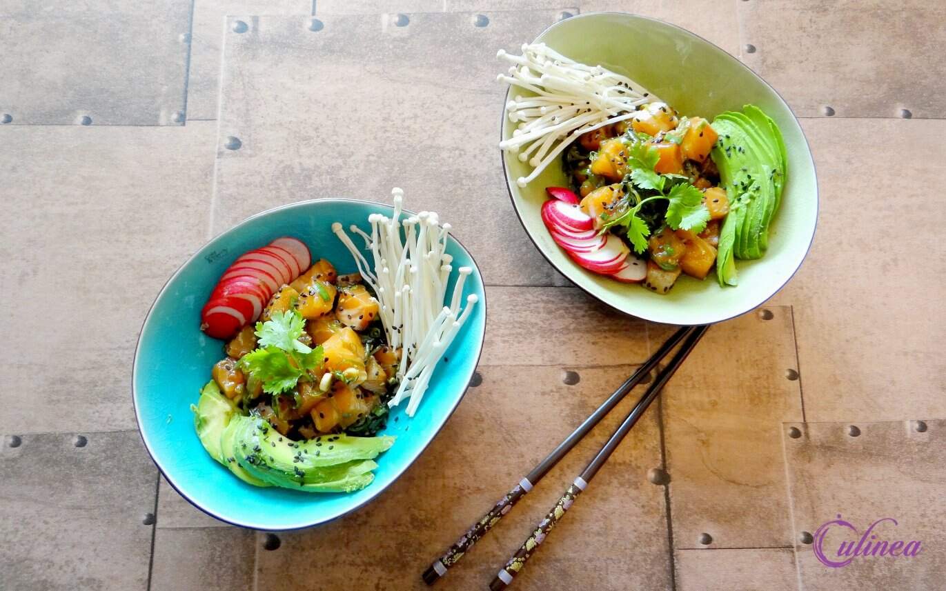 Poké bowl met zalm, enoki en avocado