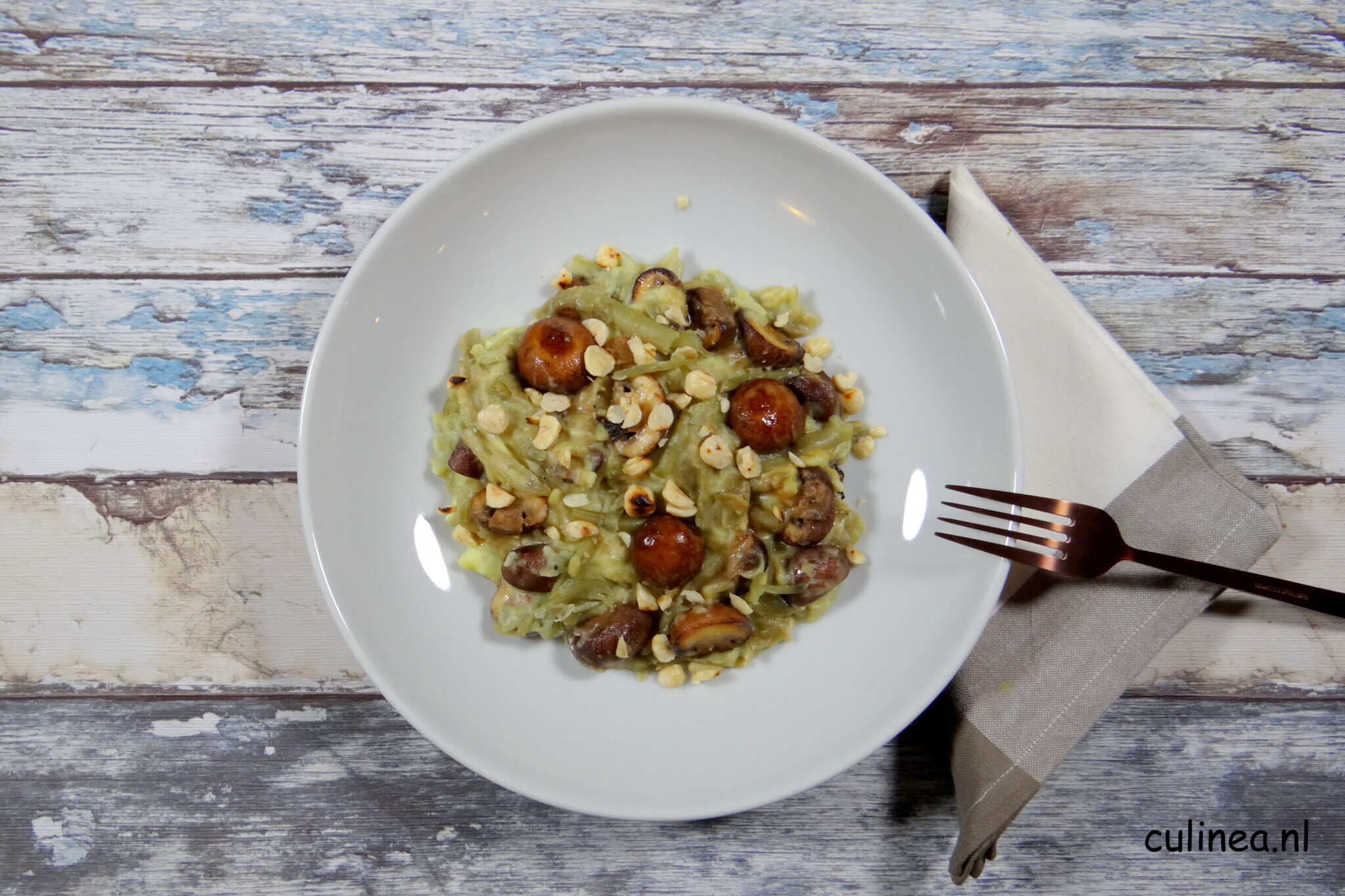 Stamppot gezouten Snijboontjes met Paddenstoelen