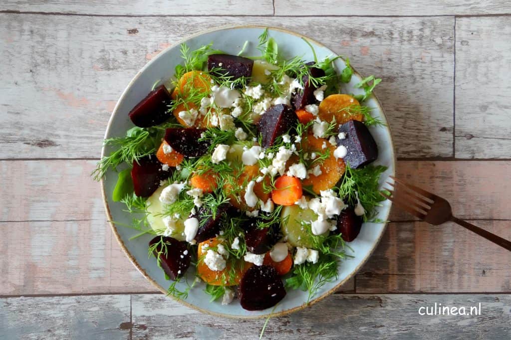 Wortel, zoete aardappel, pastinaak en bietsalade