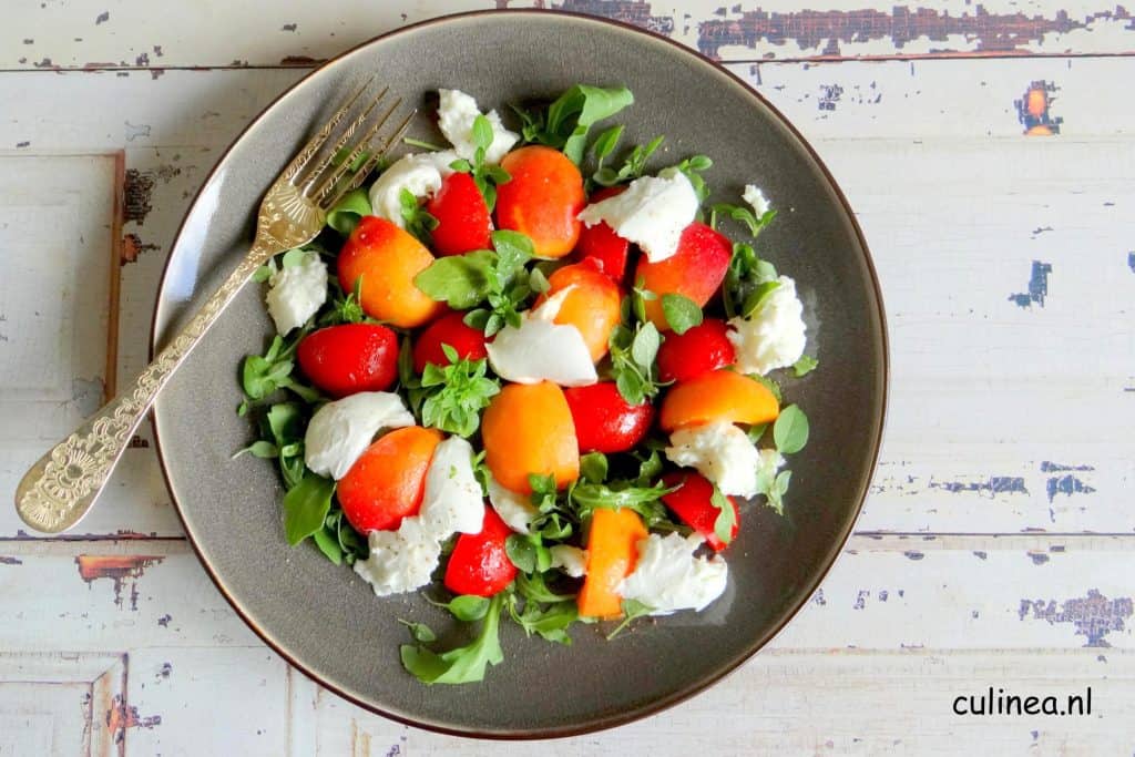 Mozzarella, abrikoos en tomaatsalade