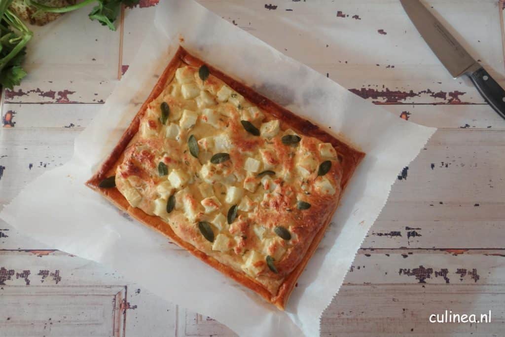 Plaattaart met knolselderij en gepofte knoflook