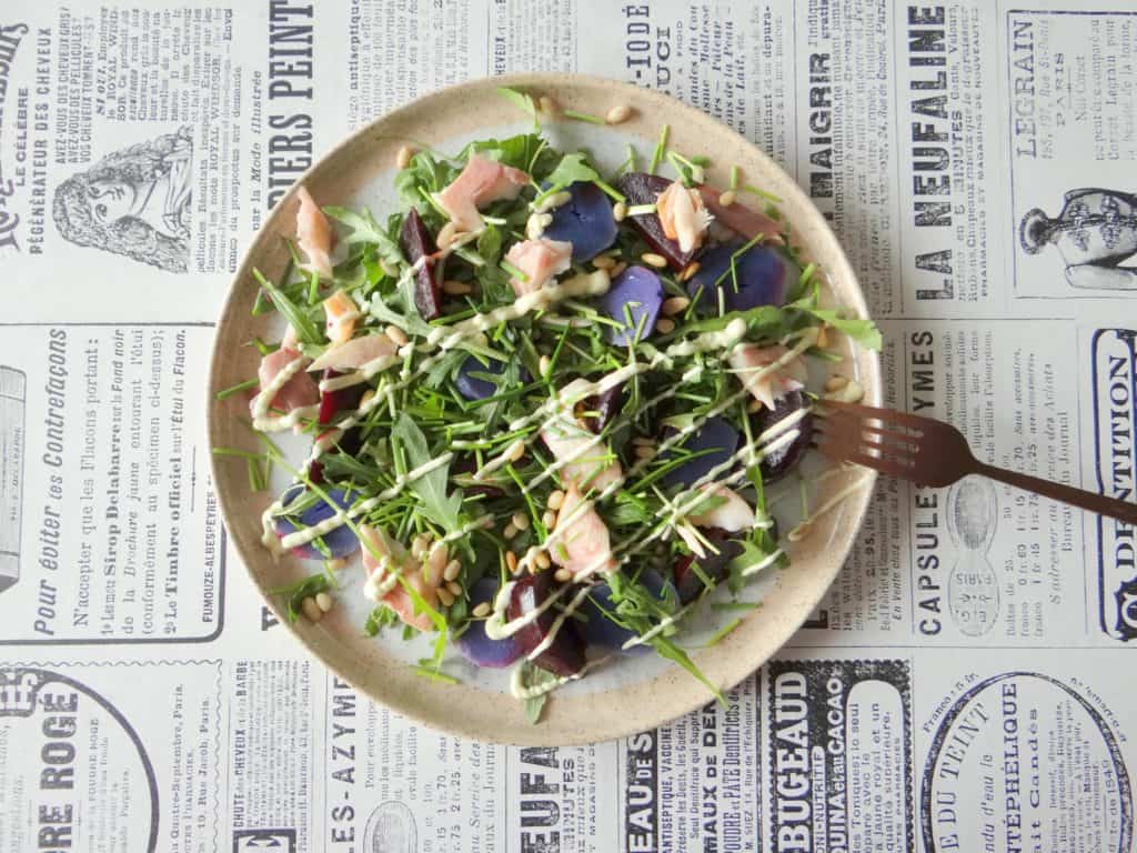 Salade forel, truffelaardappel en biet