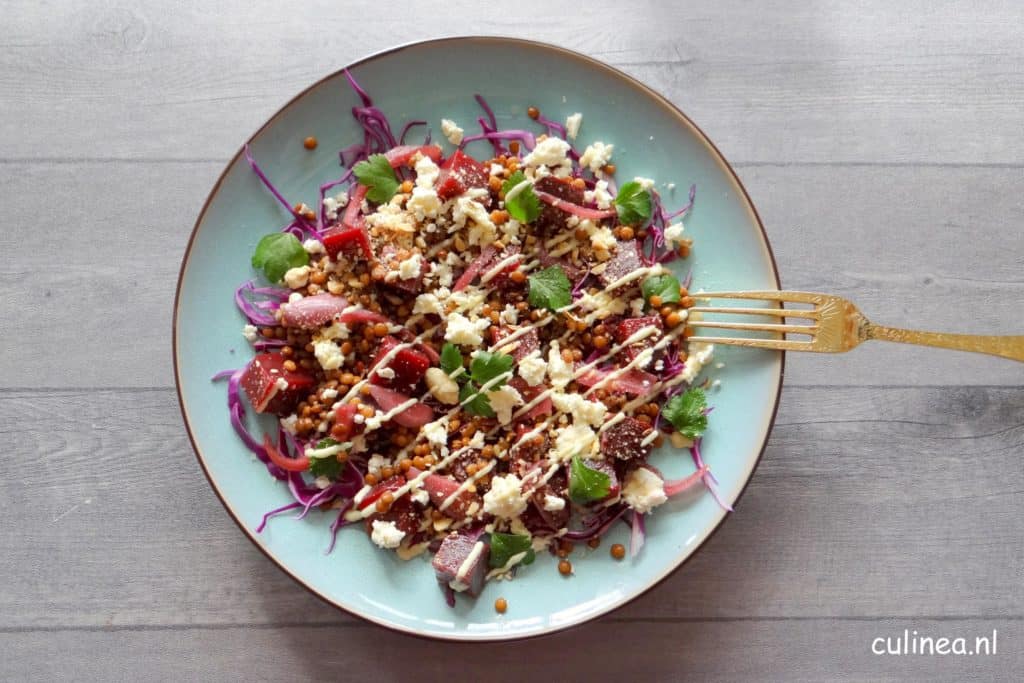 Salade rode kool, biet, linzen en feta