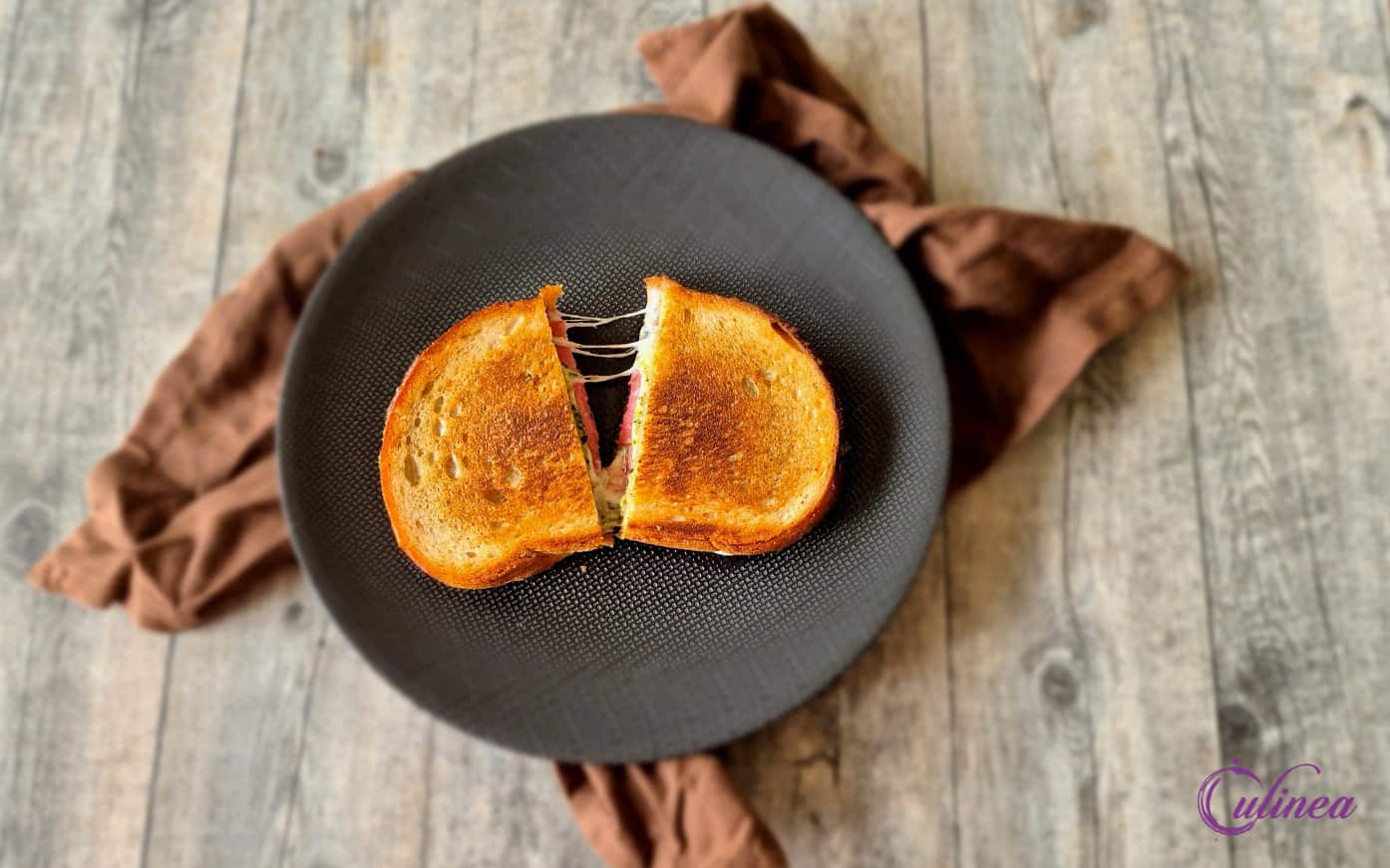 Tosti geitenkaas, salami en boerenkoolpesto
