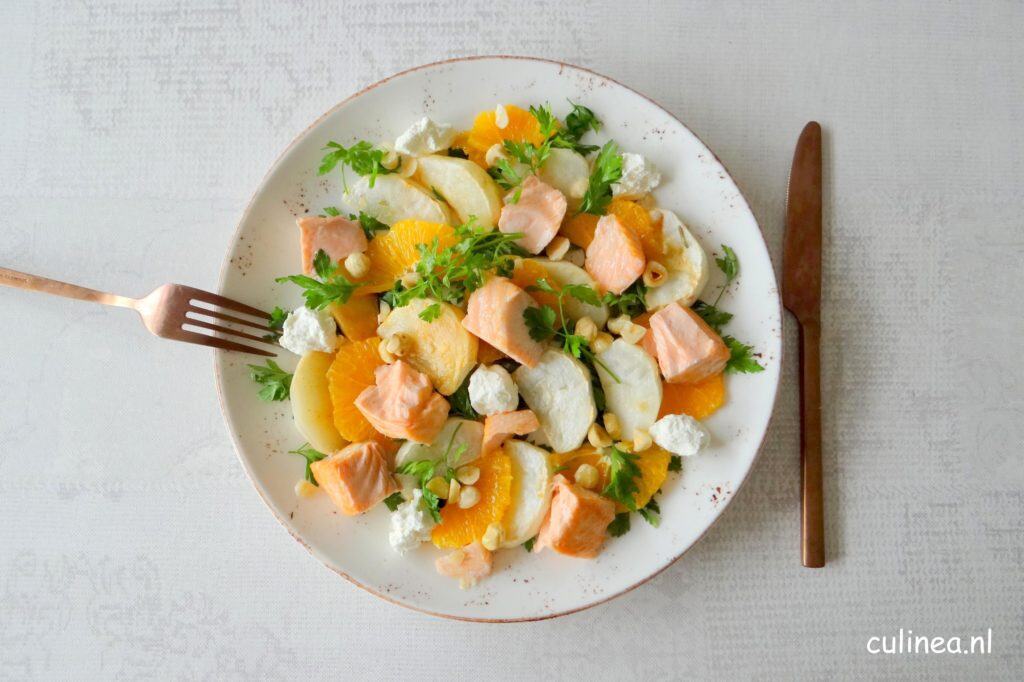 Zalm met geroosterde meiknolletjes en sinaasappel