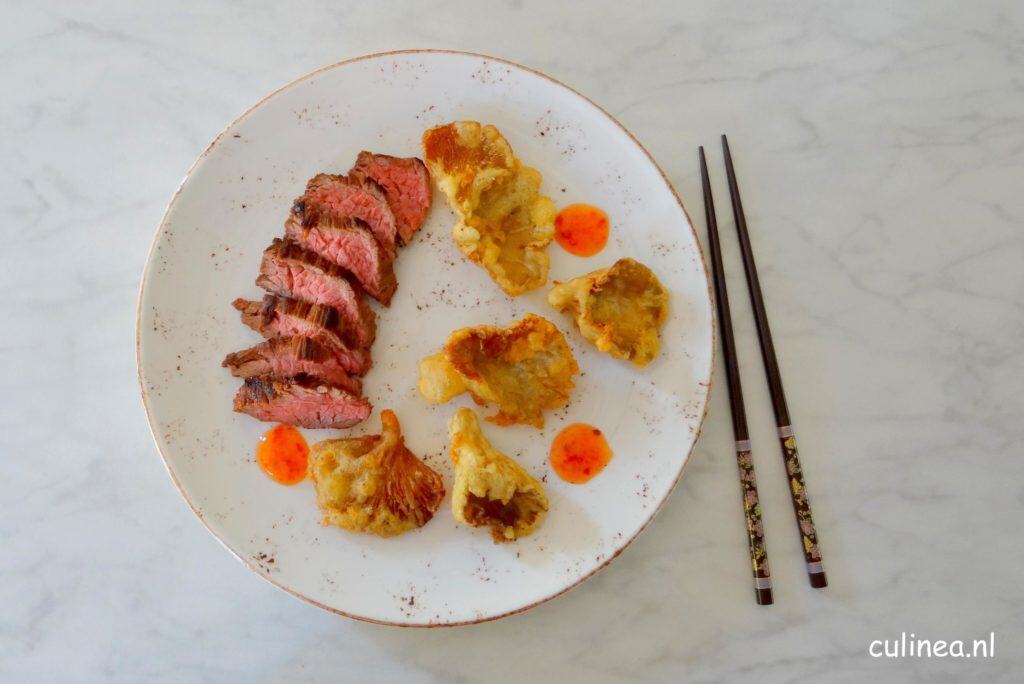 Bavette met oesterzwammen tempura