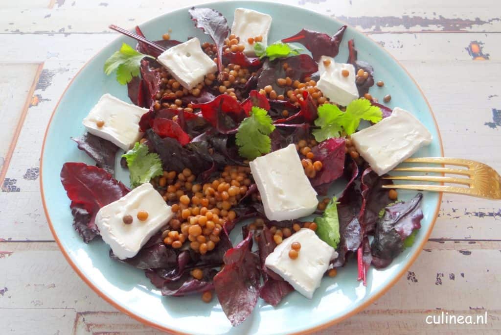 Rode salade met linzen en geitencamembert