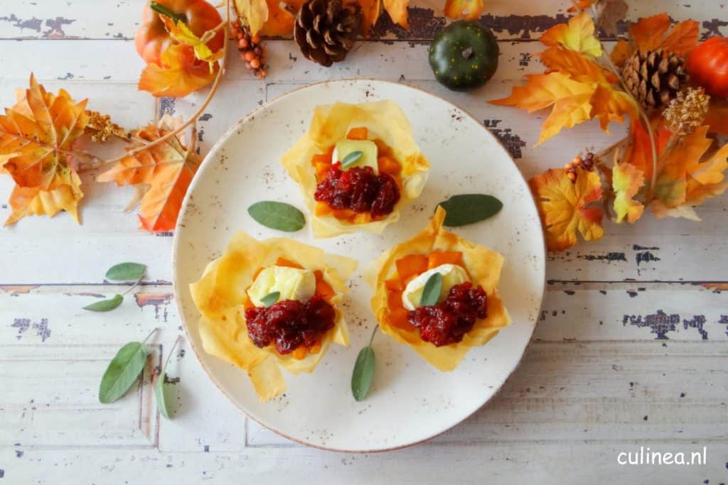 Filotaartjes met pompoen, brie en cranberrycompote