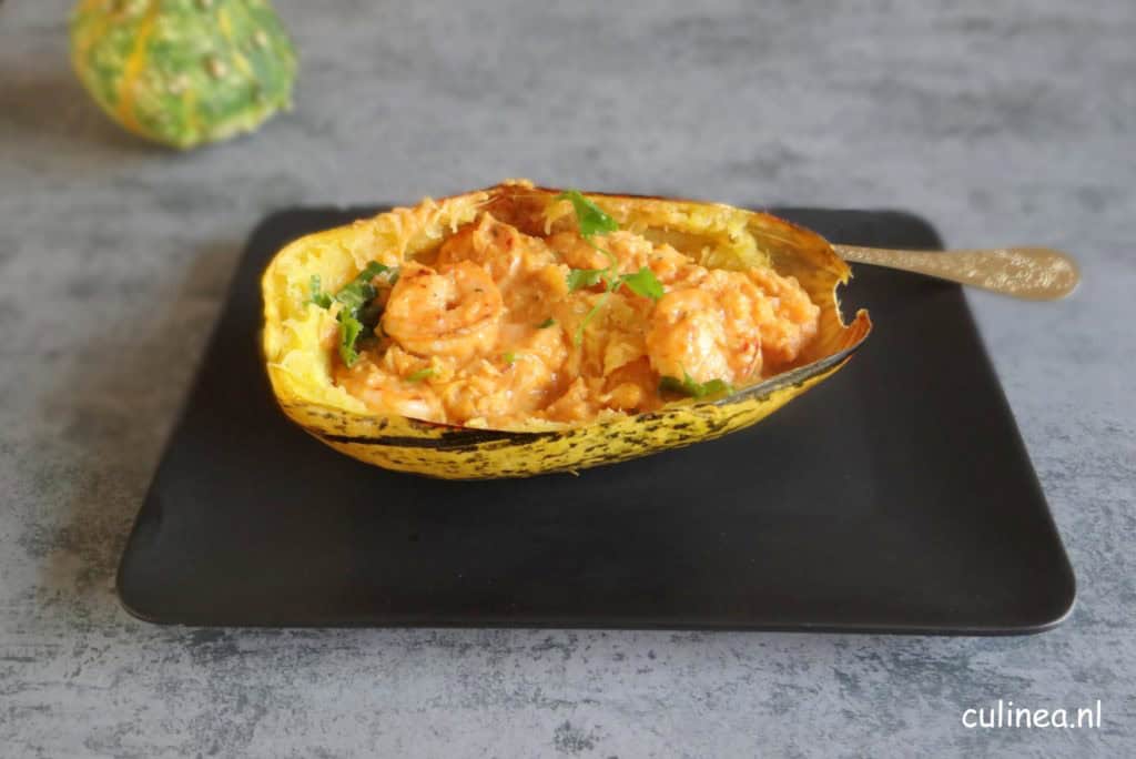 Spaghetti pompoen met garnalen