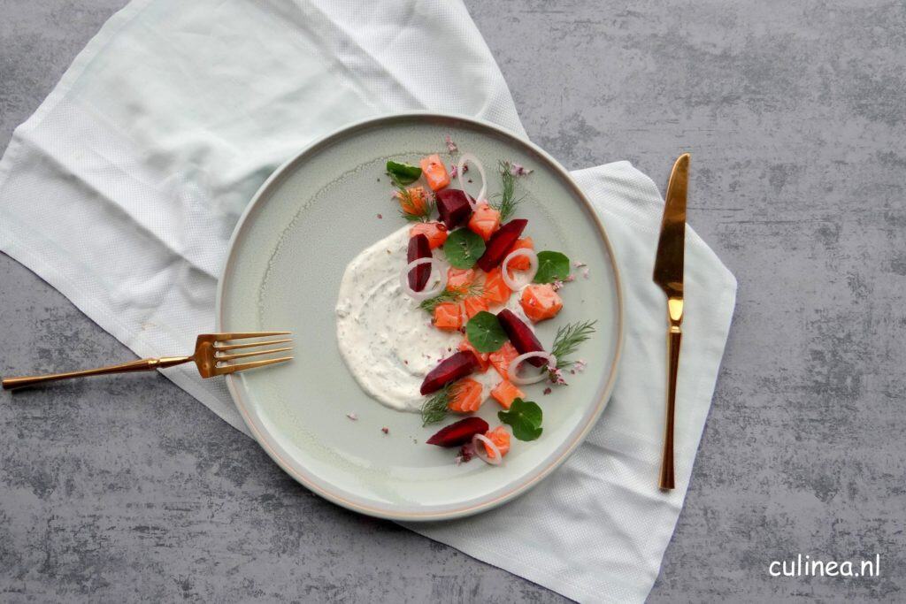 Gravad lax tartaar met rode bietjes