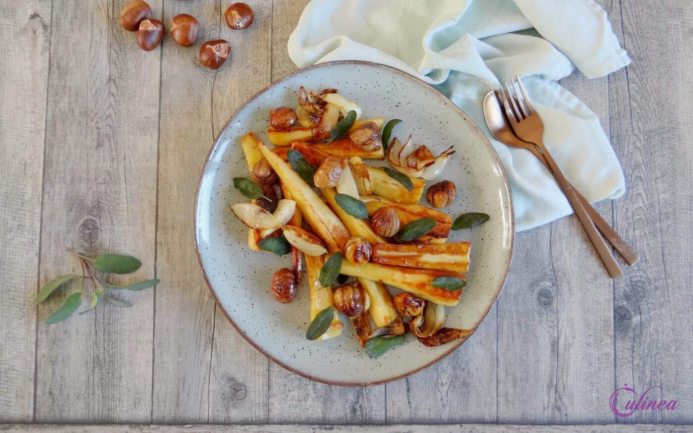 Pastinaak met tamme kastanjes uit de oven