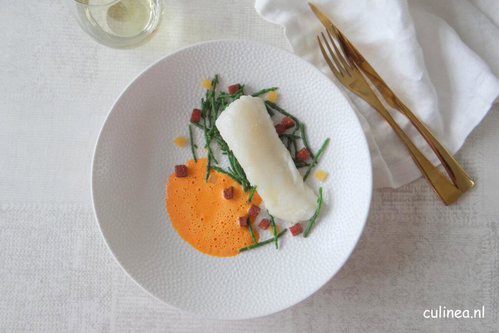 Kabeljauw met zeekraal en paprikasaus