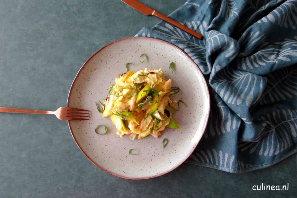 Preistamppot met blauwe kaas en daslook