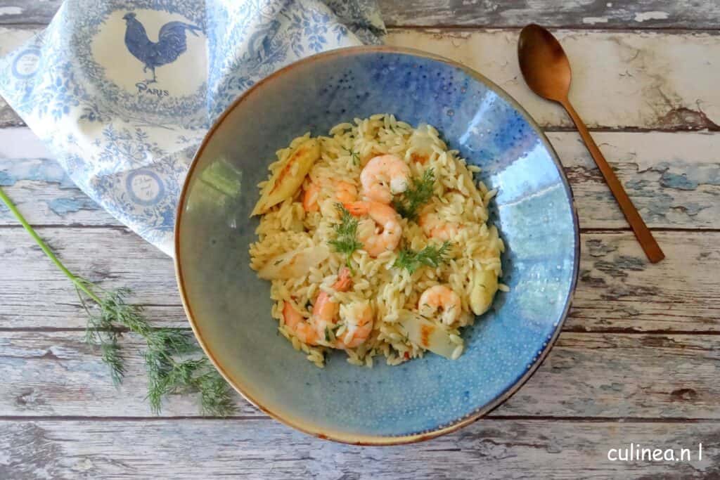 Orzo met garnalen en asperges