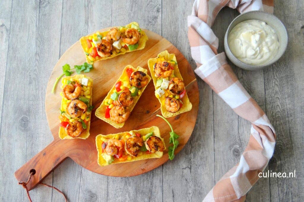 Mini taco tubs met garnalen
