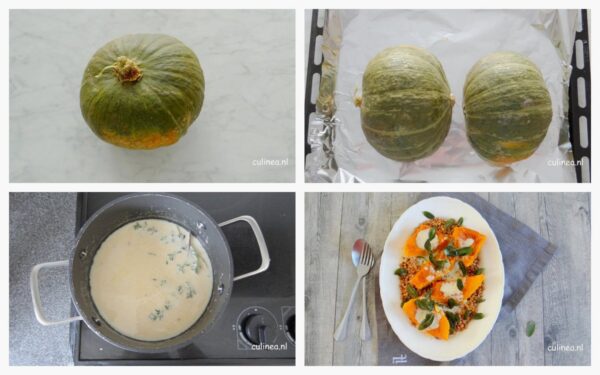 Pompoen met speltkorrels en kaassaus