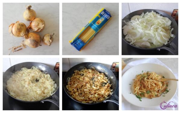 Spaghetti met gekarameliseerde uien