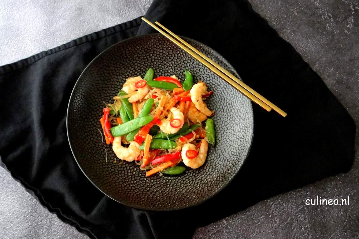 Singapore noedels met garnalen