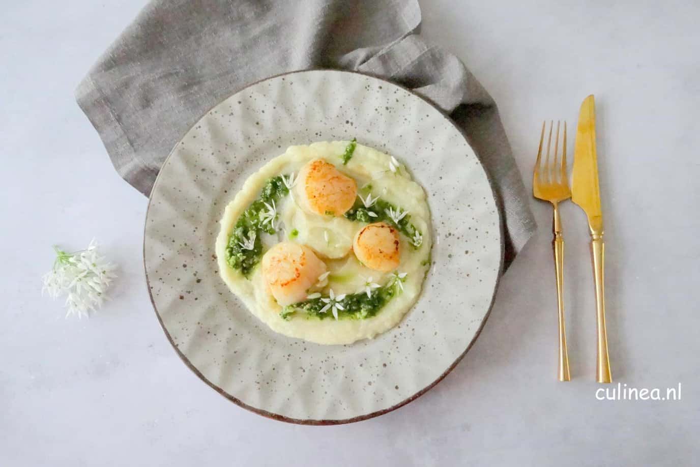 coquilles met bloemkoolpuree en pistou