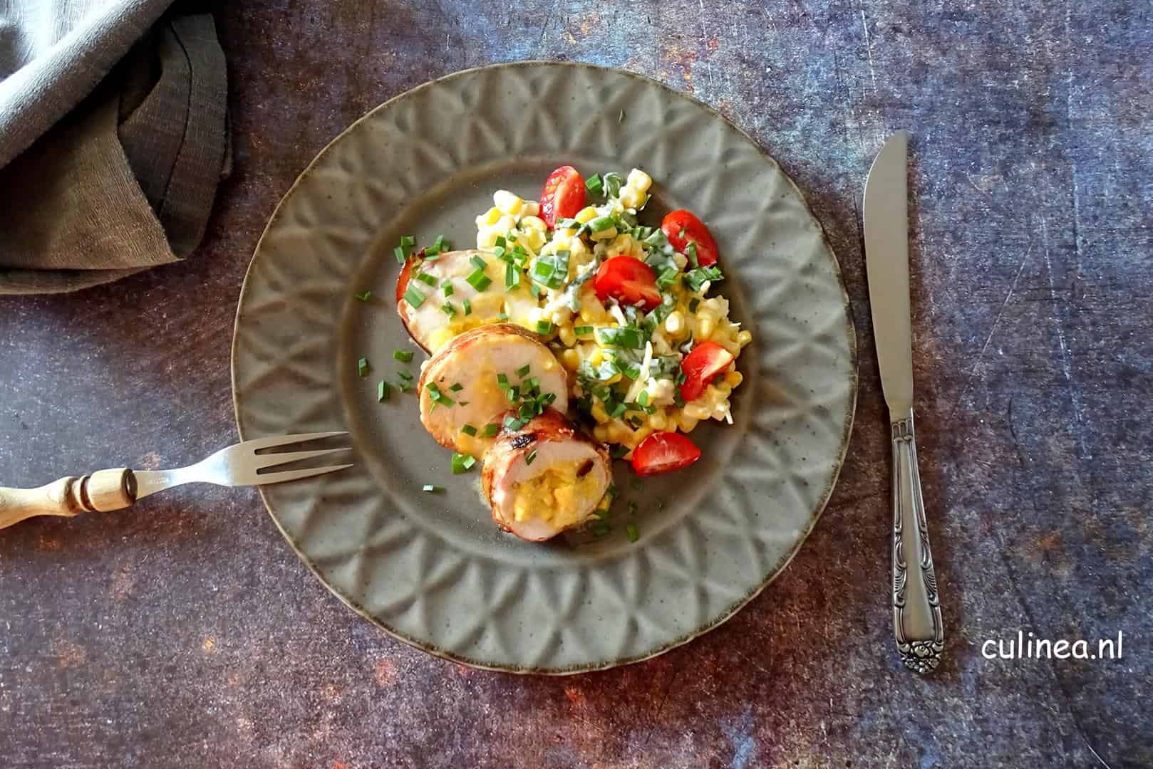 Kipfilet met spek en gevuld met kaas