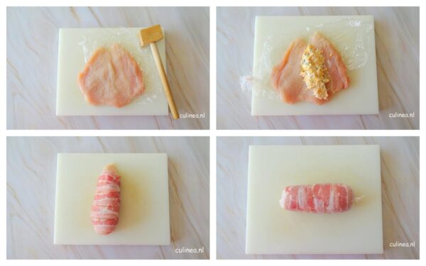 Kipfilet met spek en gevuld met kaas