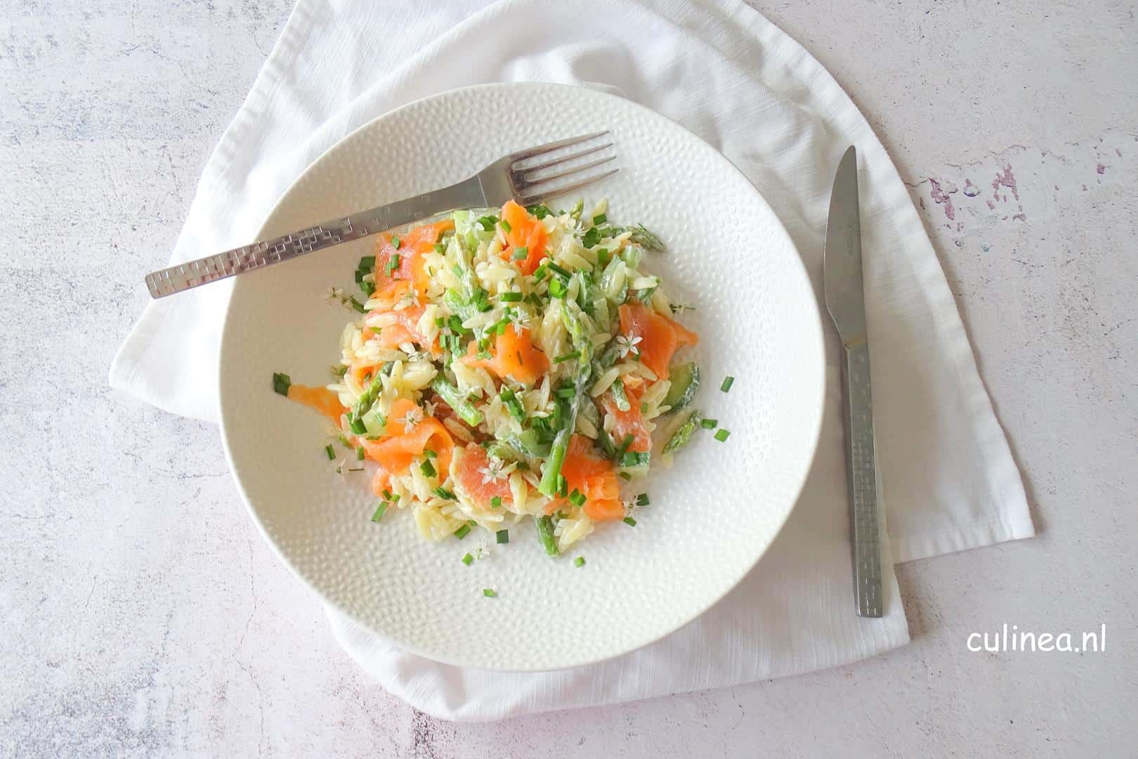 Orzo salade met gerookte zalm en aspergetips