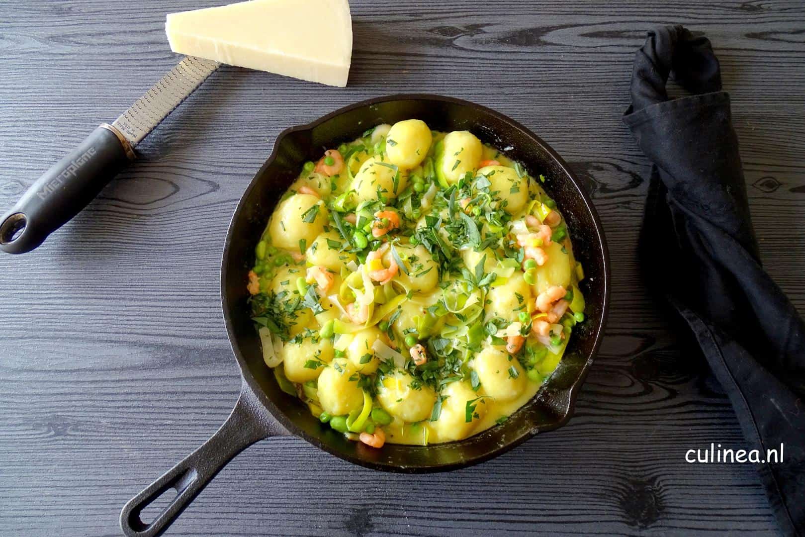 Gnocchi met prei en erwten