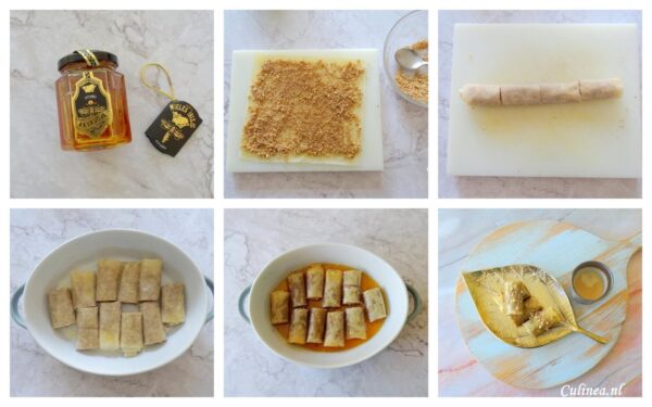 Filorolletjes met walnoten en honing