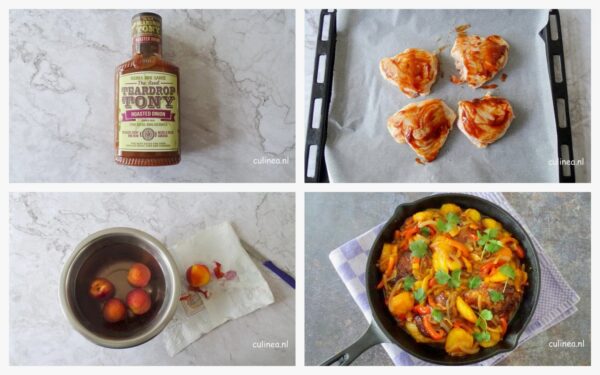 Kip met perziken en barbecuesaus