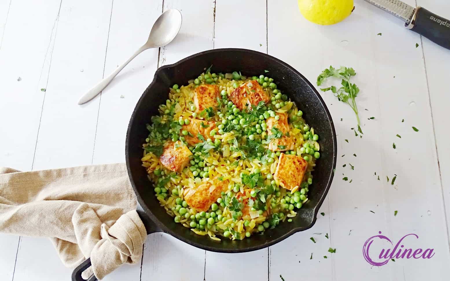 Saffraan orzo met zalm