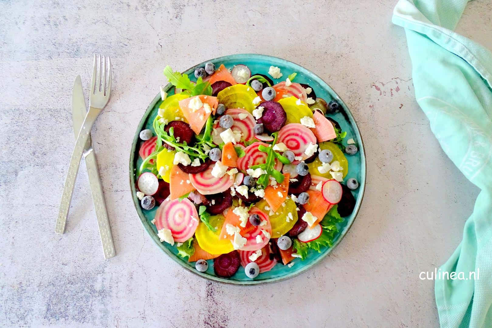 Salade met gekleurde bietjes, wortel en radijs