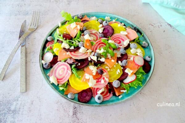 Salade met gekleurde bietjes, wortel en radijs