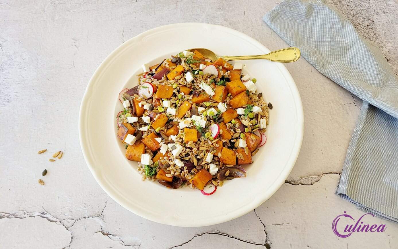 Speltsalade met geroosterde zoete aardappel