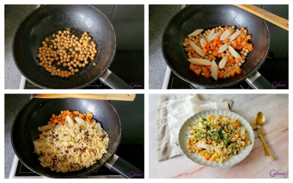 Pilaf met geroosterde groenten en kikkererwten