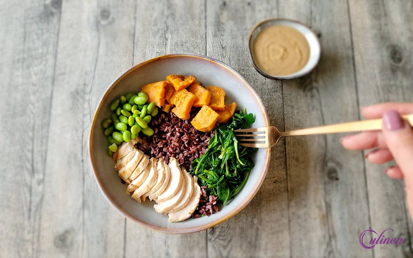 Zwarte rijstbowl met kip en groenten