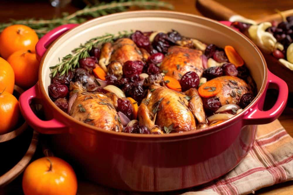 groente bij coq au vin in een pan