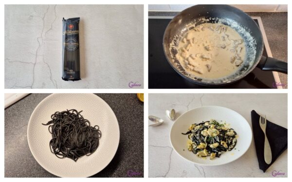 Zwarte pasta met mosselen in saffraansaus 