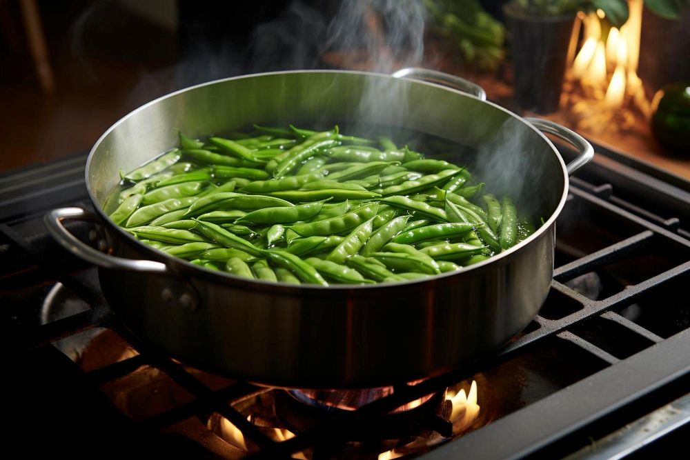 sperziebonen die beetgaar aan het koken zijn in een pan op vuur