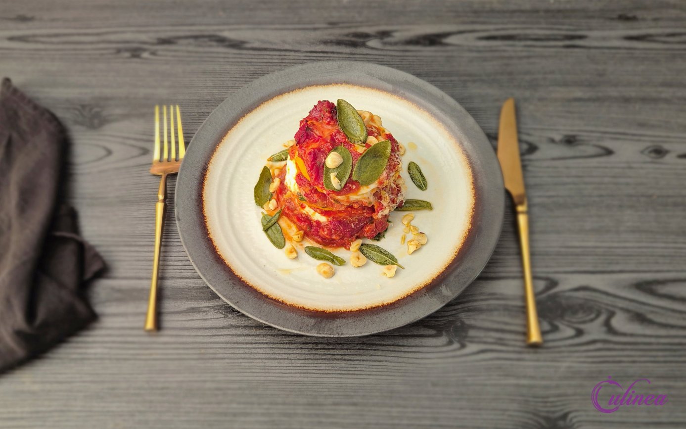 Zoete aardappelstapels met spinazie, mozzarella en tomatensaus