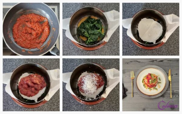 Zoete aardappelstapels met spinazie, mozzarella en tomatensaus