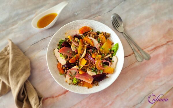 Lauwwarme salade met kip, bietjes, linzen en bloedsinaasappel