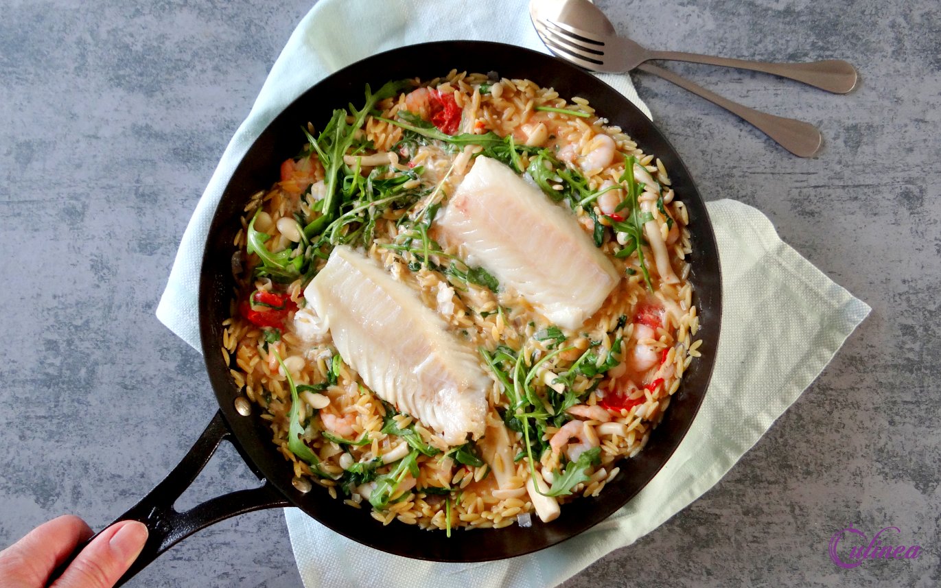 Vispotje van kabeljauwhaasjes en orzo